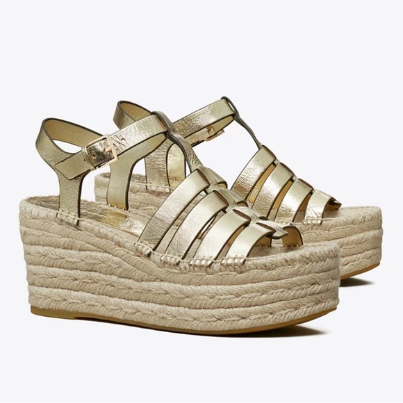 Tory Burch Fisherman Espadrille Wedge 75mm Metallic Leather - Picture 1 of 7